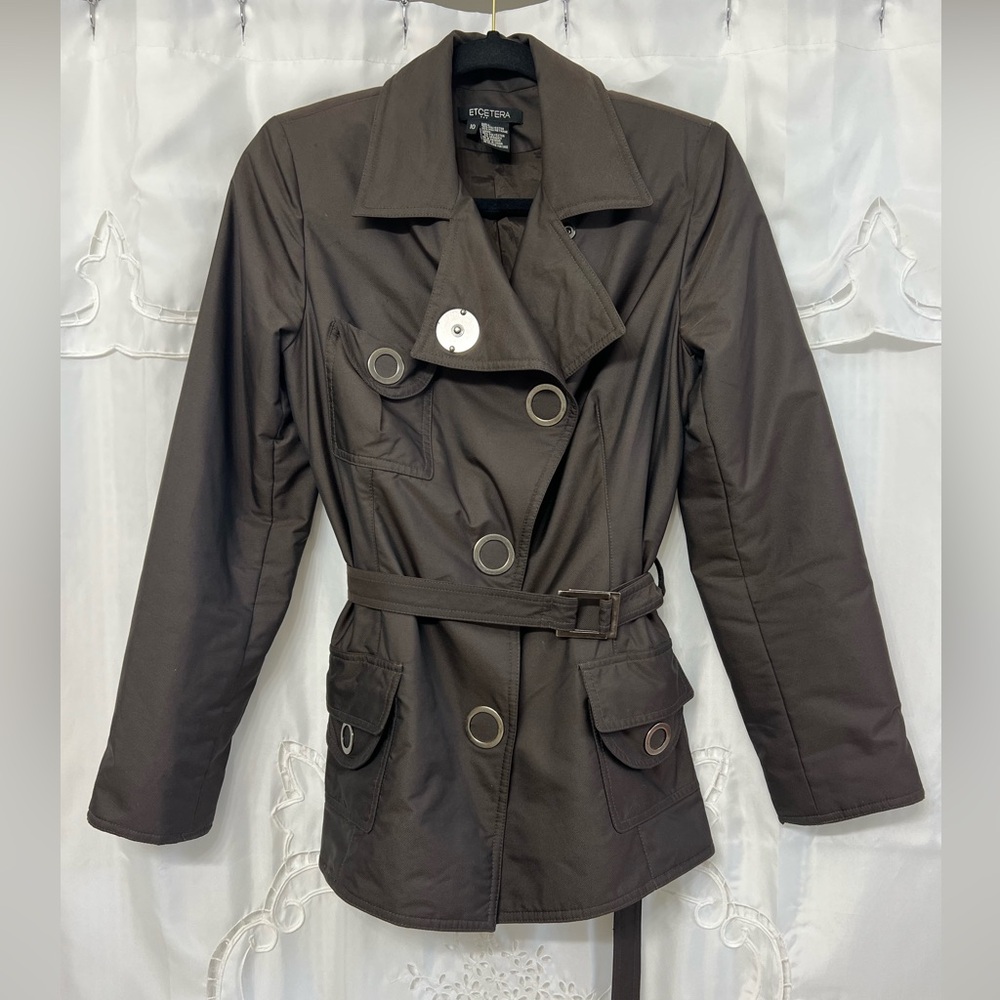 Etcetera Belted Trench Jacket Brown Snap Button Utility Coat Size 10